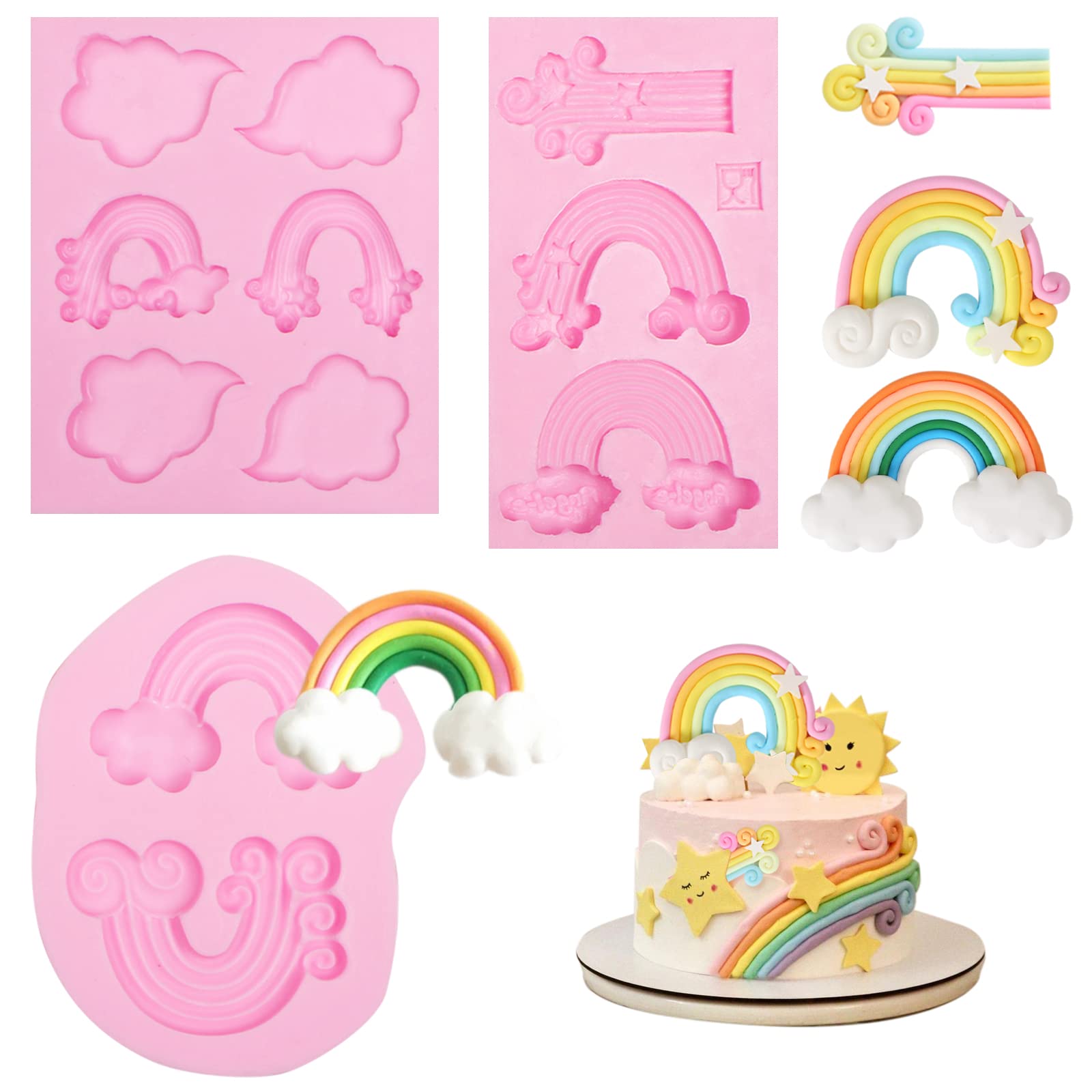 Cloud Fondant Molds 3 Pcs, Rainbow Silicone Mold For Chocolate Cake Decoration Candy Sugar Cupcake Topper Cake Pop Popsicle, Pol