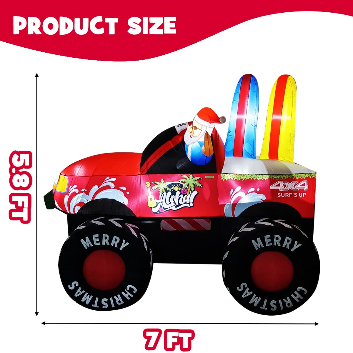 7FT Long Monster Truck by Santa Christmas Inflatables Outdoor Decorations, Xmas Blow up Haiwaii Santa Driving Monster Trucks, In