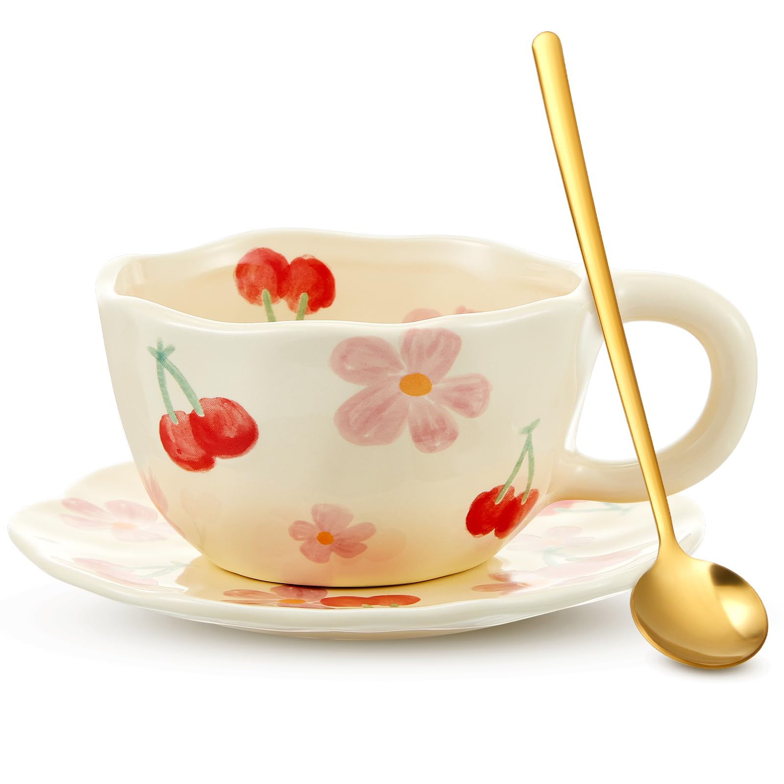 Vesici 1 Set Ceramic Coffee Mug Set with Saucer and Spoon Cute Mothers Day Gifts for Mom 8.5 oz Vintage Floral Tea Cup Aesthetic