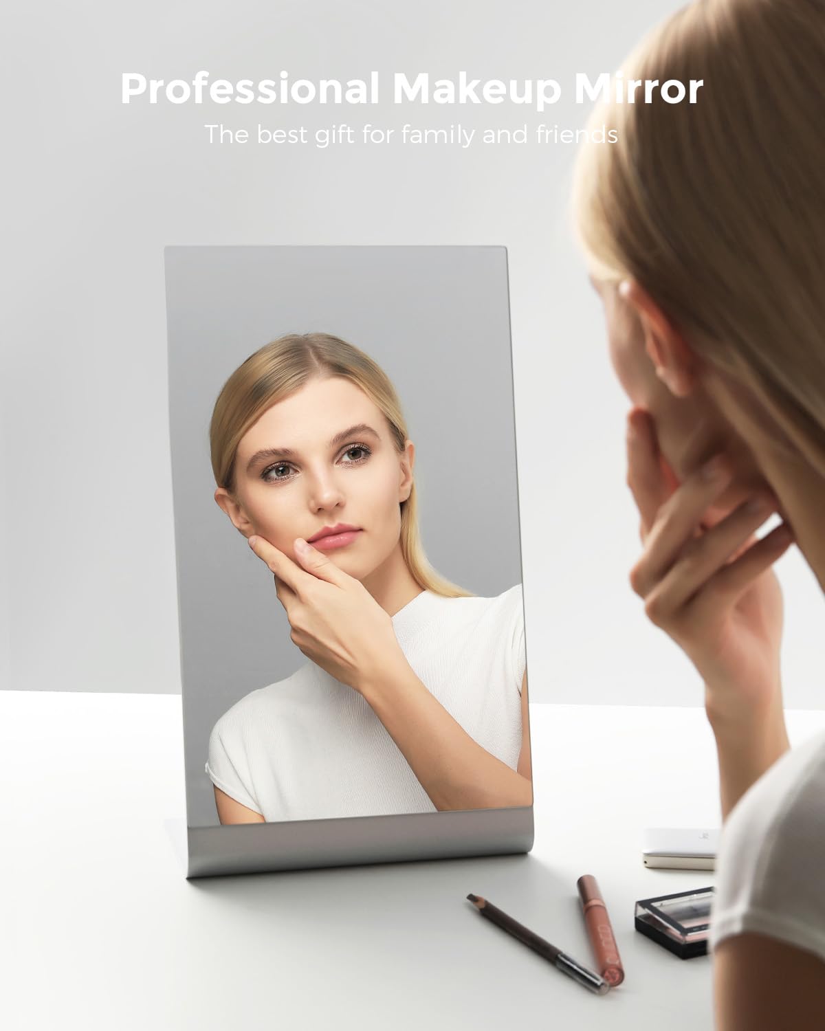 NEZZOE Frameless Makeup Mirror for Desk, 15 Inch Aluminum Standing Table Mirror, Large Counter Top Mirror