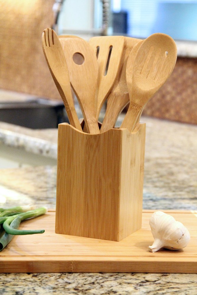 Oliva Italiana 7 Pc. Bamboo Kitchen Utensil Set W Holder, Eco-Friendly, 100% Organic Bamboo, Wooden Utensils, With Ergonomic Han