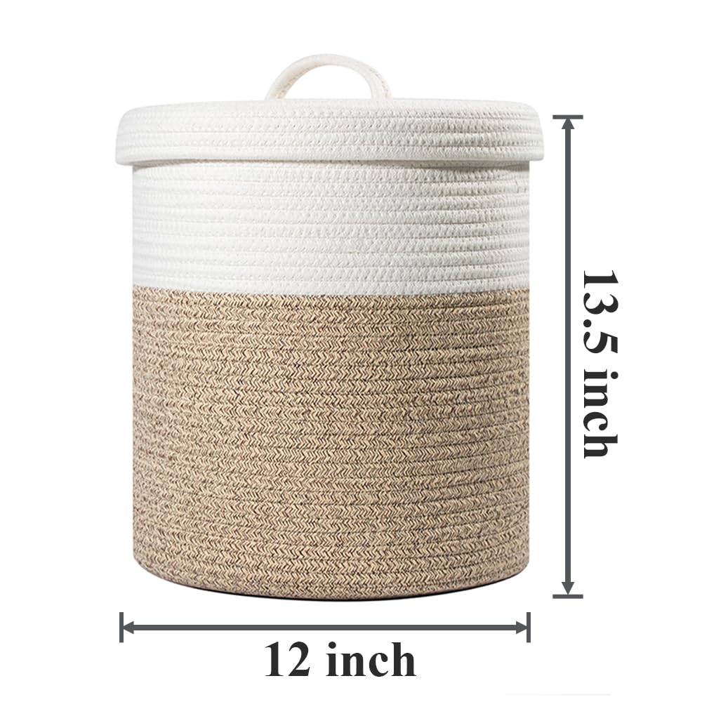 Yimi's Dream Medium Cotton Rope Storage Basket with Lid, 12''D x 13.5''H, Brown & White, Ideal for Nursery & Living Room