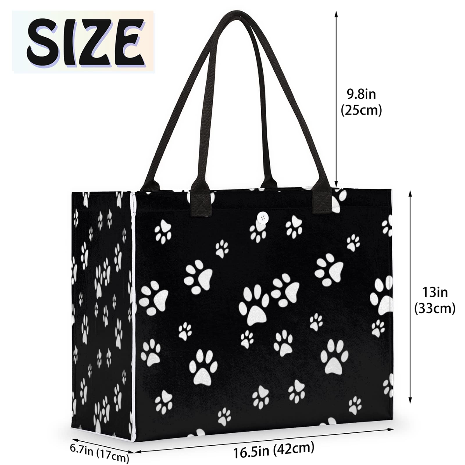 Auuxva Beach Tote Bag White Puppy Paw Print Black Large Travel Bag Utility Tote Bag Women Shoulder Bag Reusable Grocery Bag With