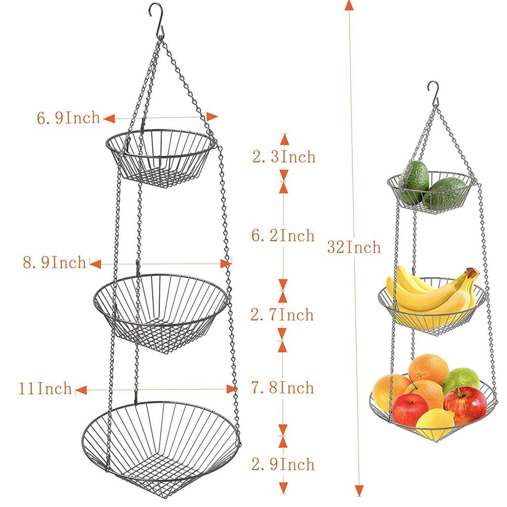 Ipstyle 3 Tier Fruit Tray Basket Vegetable Kitchen Storage Basket Chain Hanging Space Saving Rustic Country Style Chicken Wire F