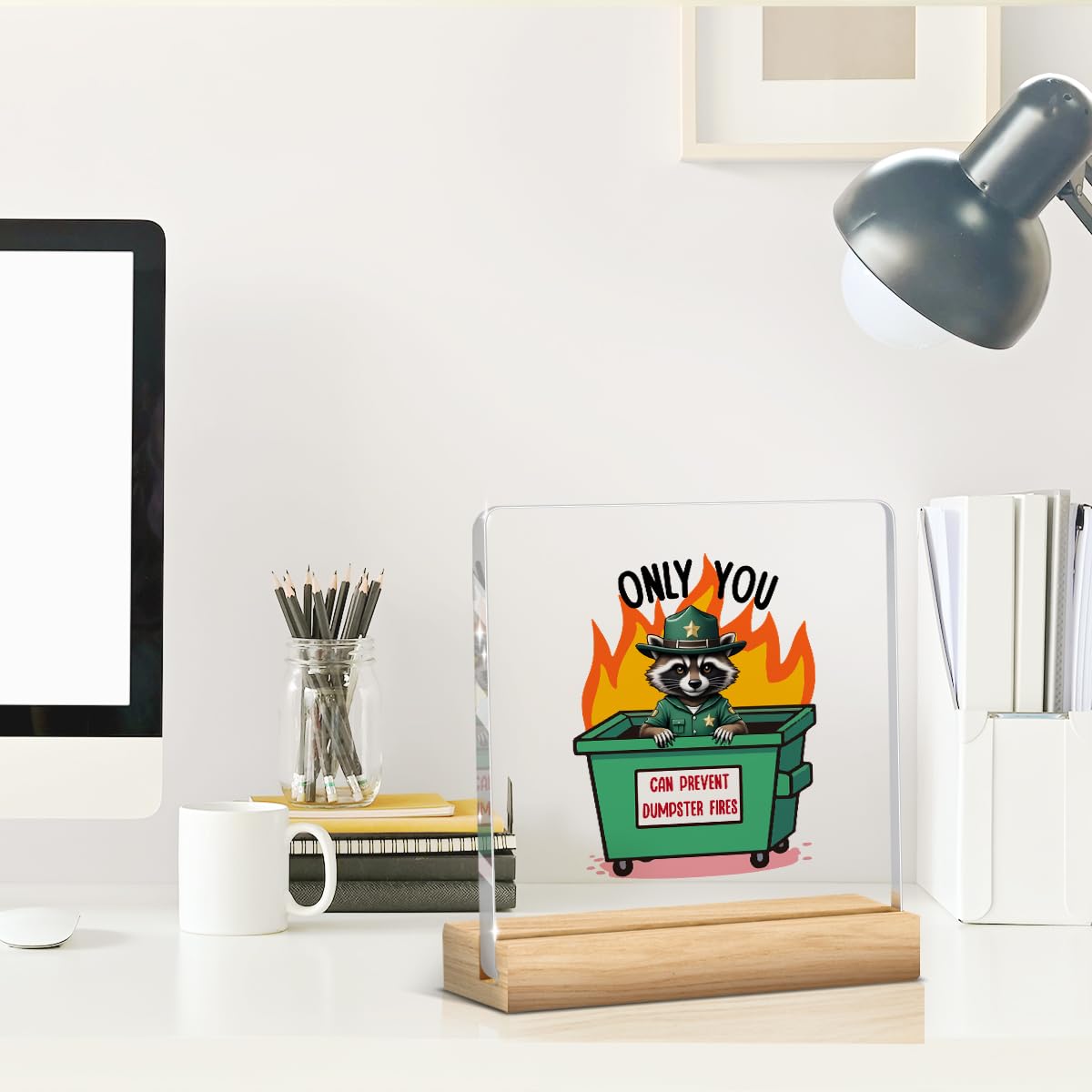 Funny Office Desk Decor Dumpster Fire Desk Accessories Coworker Gifts, Inspirational Gifts for Women Men Boss Friend, Acrylic Pl