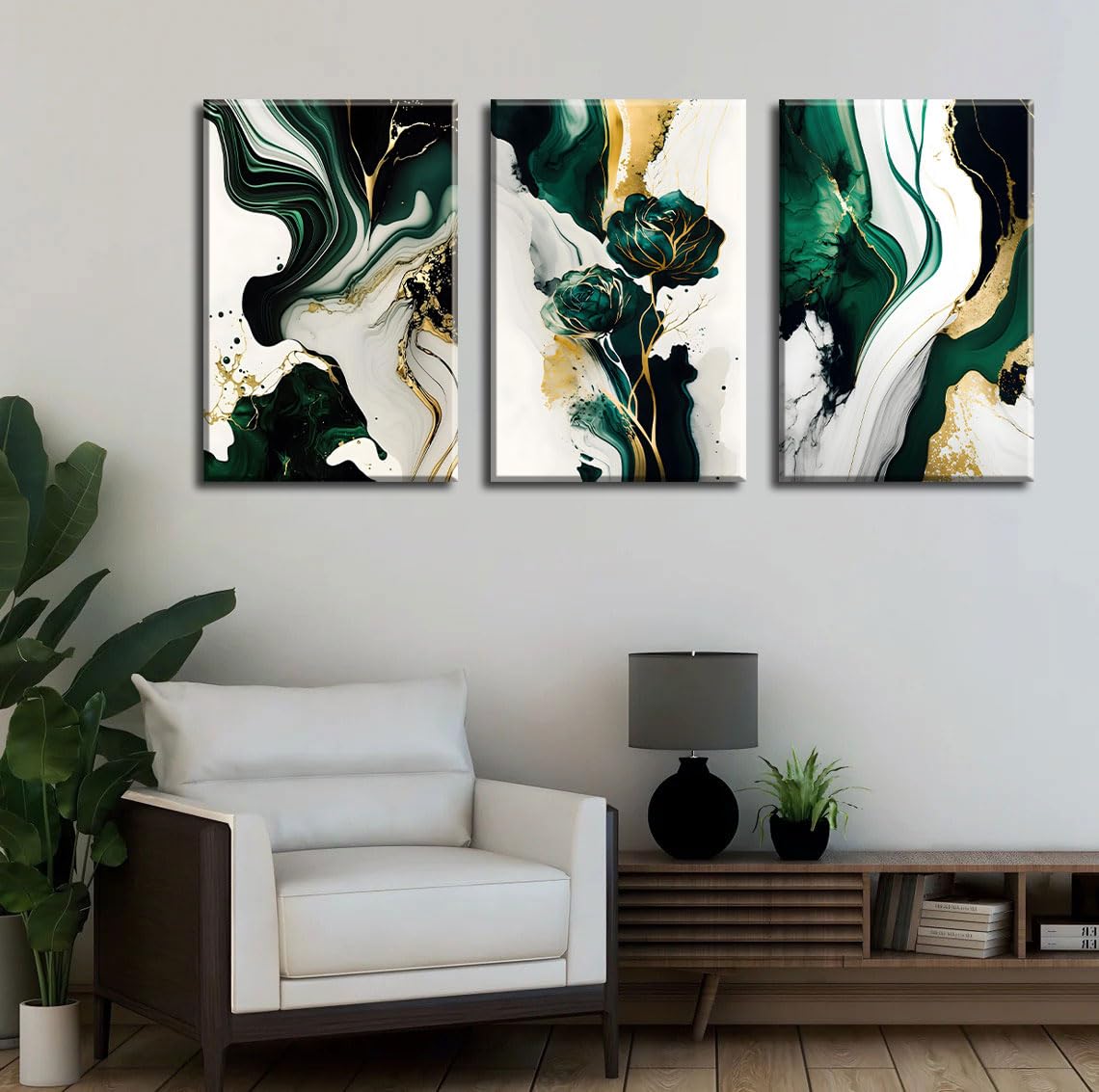 3Pcs Framed Emerald Green Wall Art, Modern Green And Gold Abstract Marble Canvas Wall Art Paintings Prints Posters Wall Decor Pi