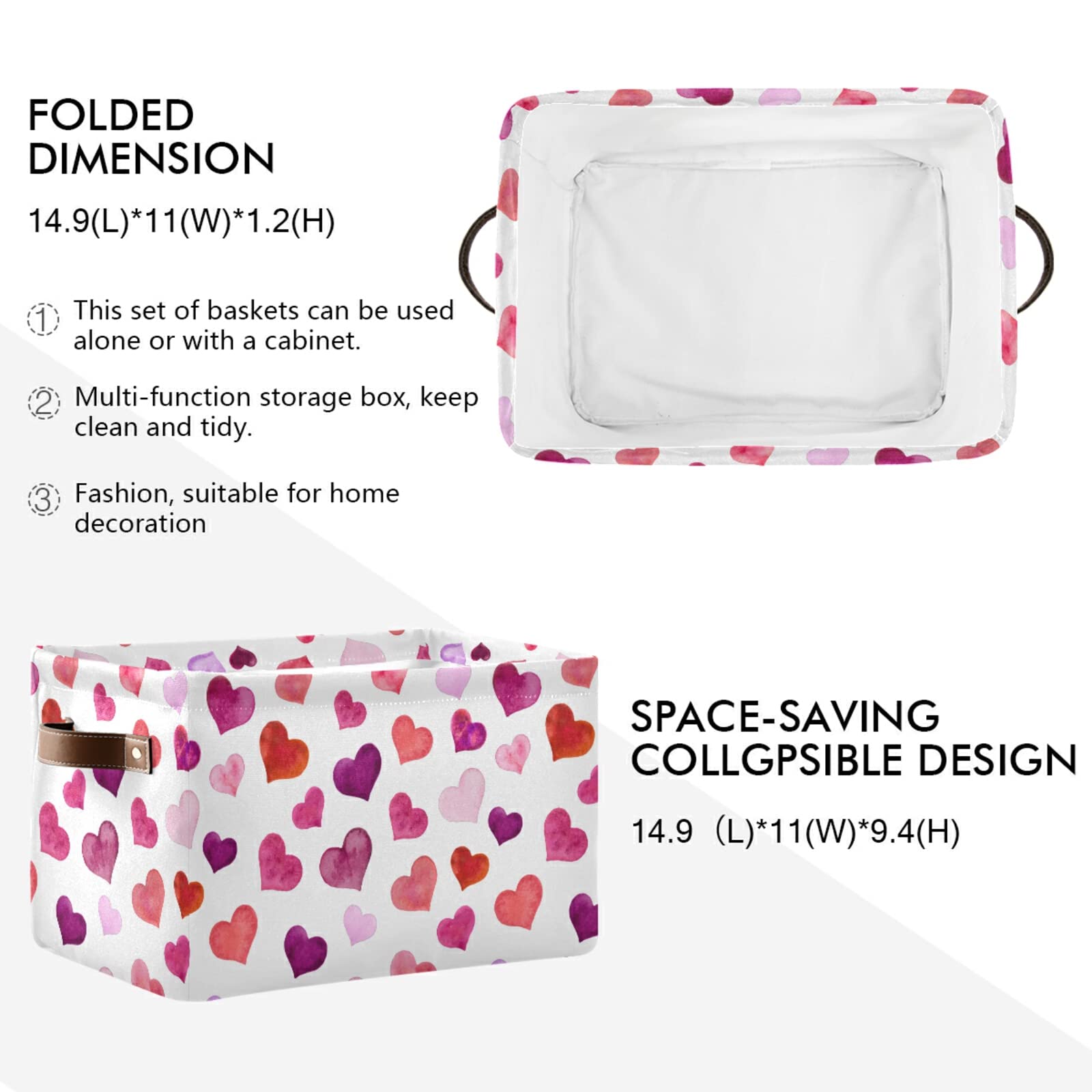 senya Valentine's Day Storage Basket  Large Foldable Storage Basket with Handles  Pink Love Hearts Fabric Collapsible Storage Bins Organizer Bag for Baby Storage Toy Storage  one size x1
