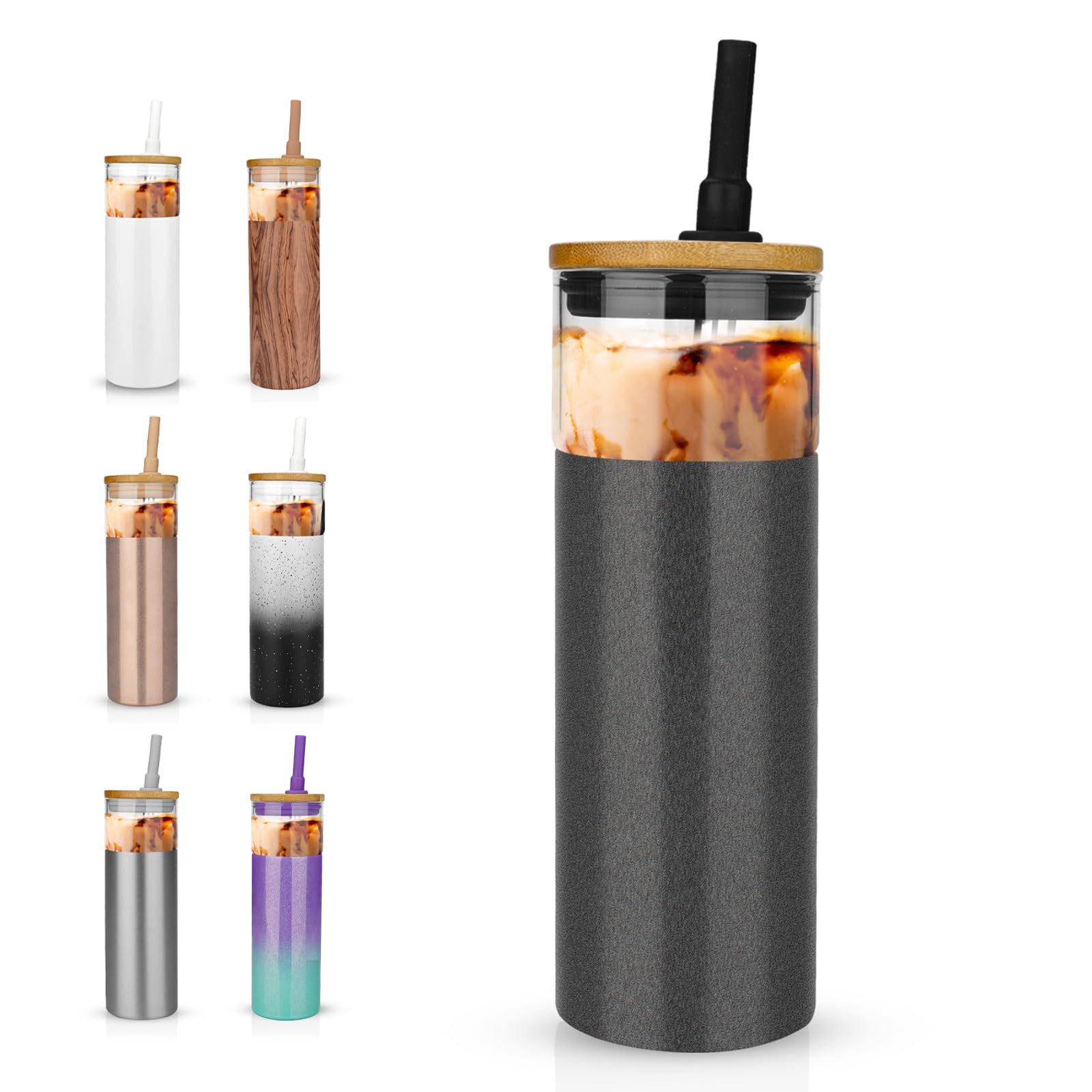 Tronco 20 oz Vacuum Insulated Glass Tumbler with Lid and Straw - Keeps Drinks Cold for 12 Hrs - Reusable Glass Cup for Iced Coff