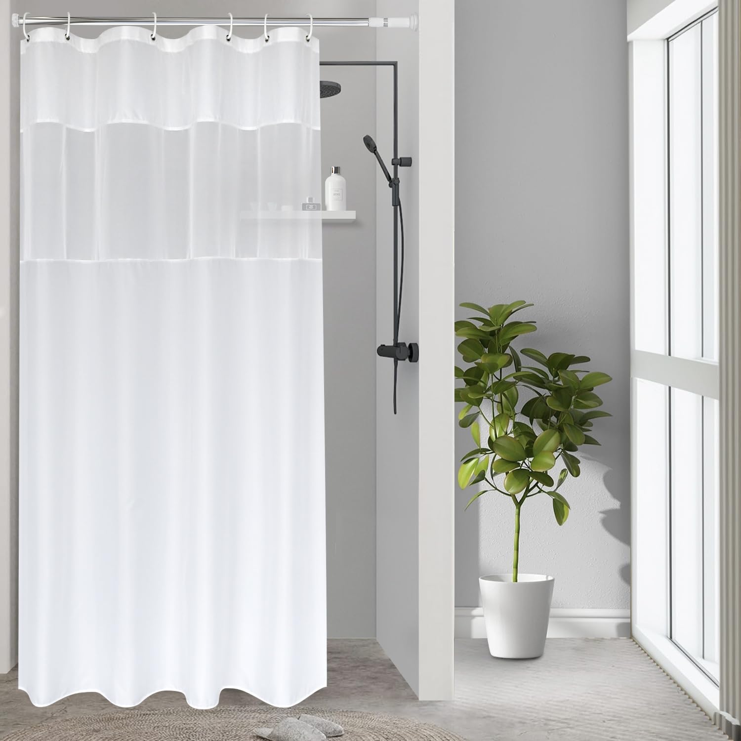 UFRIDAY Small Size 36x72 Inch Shower Curtain with Thin Mesh  Durable Fabric Bathroom Curtain with Hooks  Water Repellent White