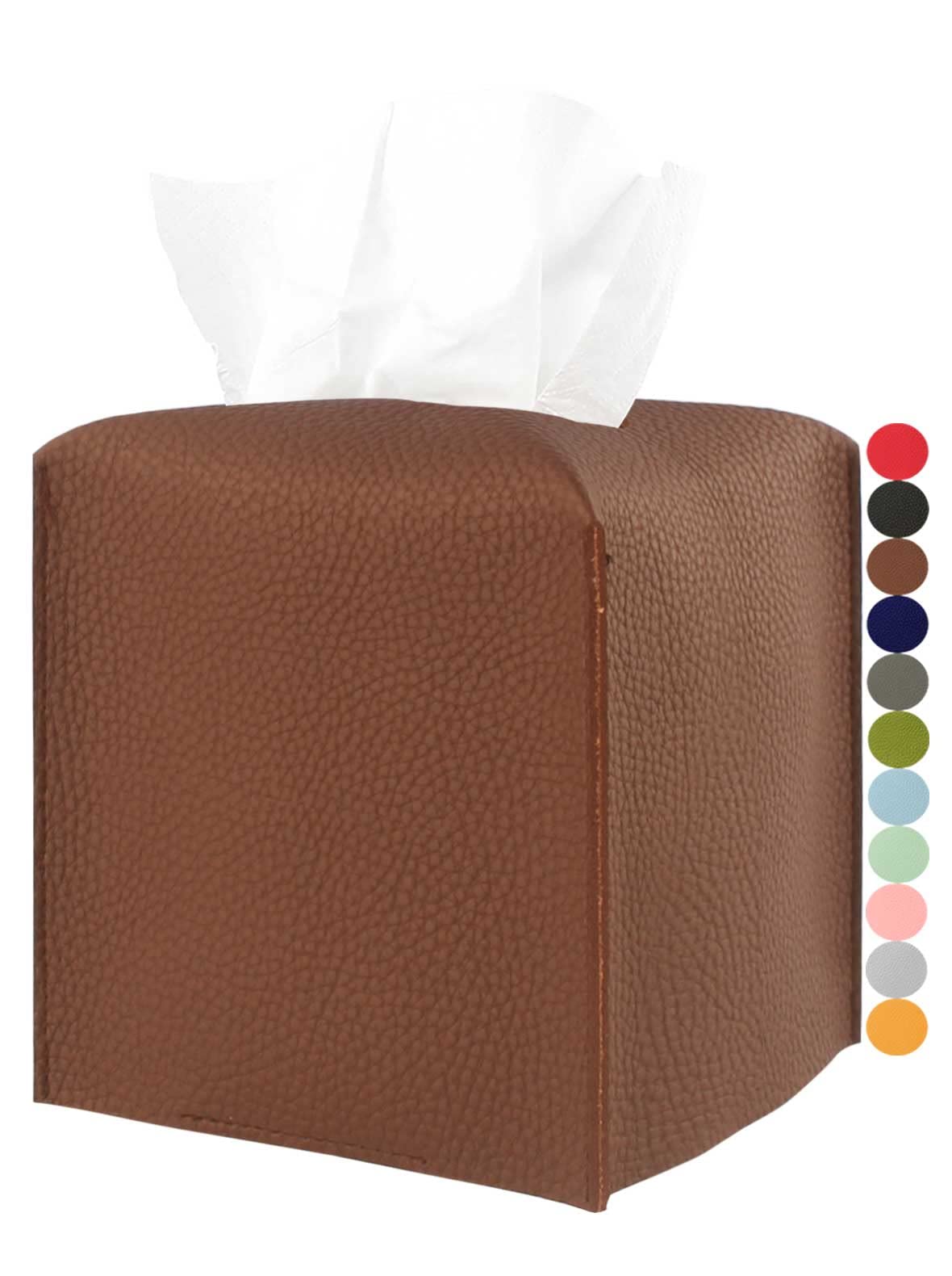 Leather Tissue Box Cover Square - [Jesmini, Brown] Modern Pu Leather Cube Tissue Box Holder Decorative For Bathroom Vanity Count
