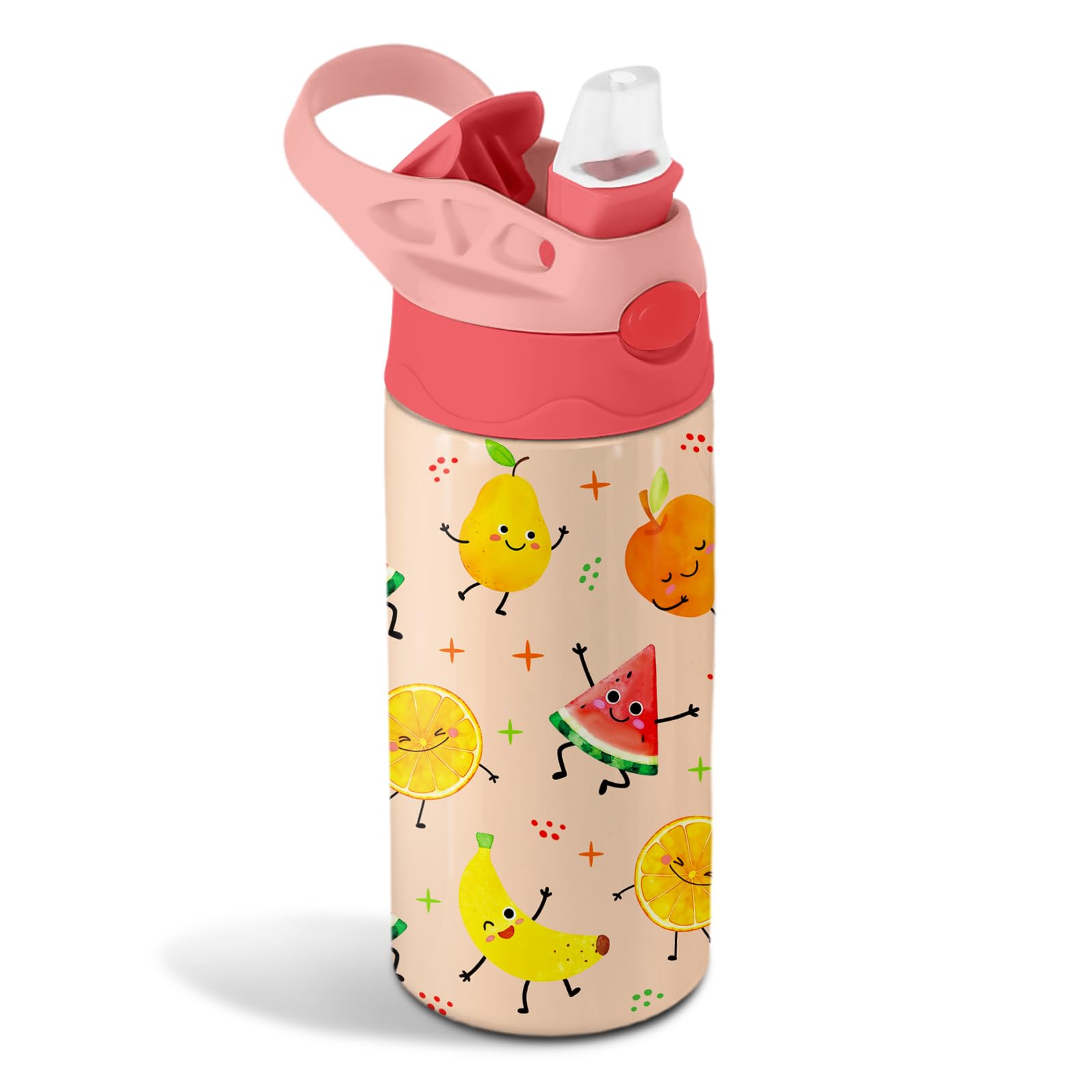 CGMIBAS 12 oz Fruits Kids Water Bottle, Happy Fruit Water Bottle for School, Kids Insulated Bottles with Straw & Handle, LeakPr