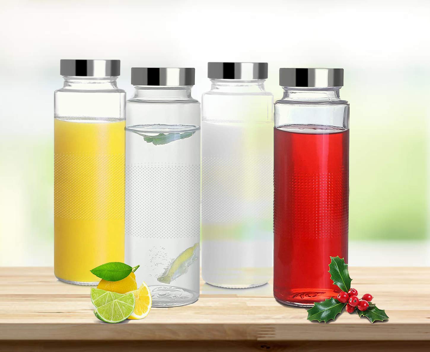 Vency 500ml Glass Water Bottle with LeakProof Airtight Stainless Steel Lid for Water, Smoothie, Juices (Set Of 4)