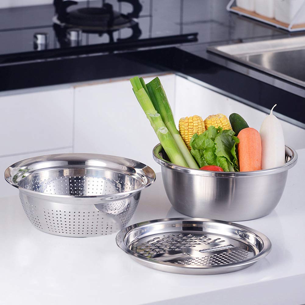 Stainless Steel Kitchen Basin Drain Basket Colander Set 3 In 1 Multifunctional Fruit Vegetable Julienne Grater Strainer Fine Mes