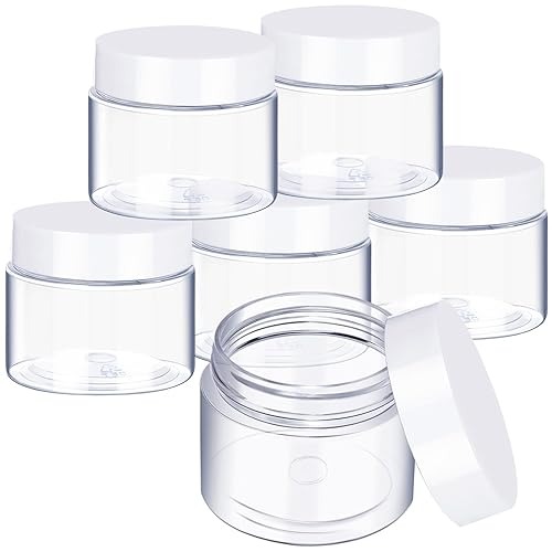 6 Pack 1 oz Plastic Pot Jars Round Clear Leak Proof Plastic Cosmetic Container Jars with White Lids for Travel Storage Make Up  Eye Shadow  Nails  Powder  Paint  Jewelry (White-1 oz)