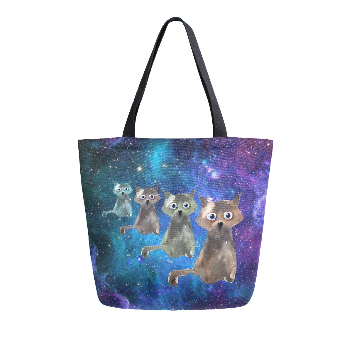 Naanle Galaxy Cats Canvas Tote Bag Large Women Casual Shoulder Bag Handbag, Universe Cats Reusable Multipurpose Heavy Duty Shopp