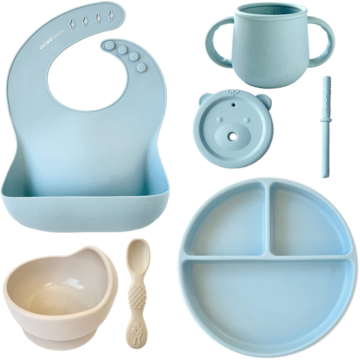 YMCF Products Baby or Toddler 7-Pieces Feeding Set | Silicone Bib, Suction Plate, Cup w/Lid, Straw, Bowls & Spoons | Dishwasher-