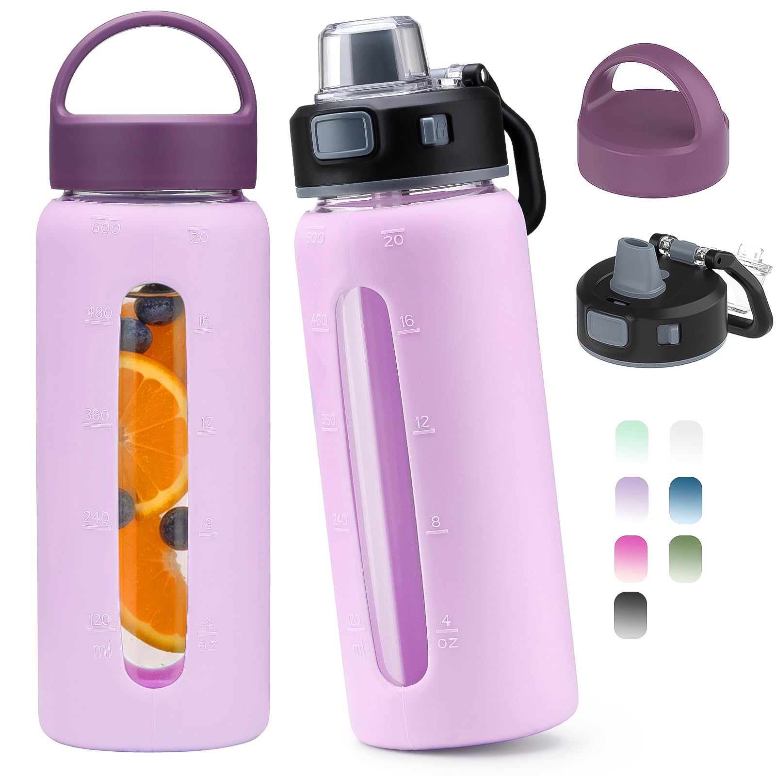 Kodrine 20oz Glass Water Bottle with Straw-2 Lids-Iced Coffee Cup with Silicone Sleeve & Time Marker, Reusable Glass Drinking Bo