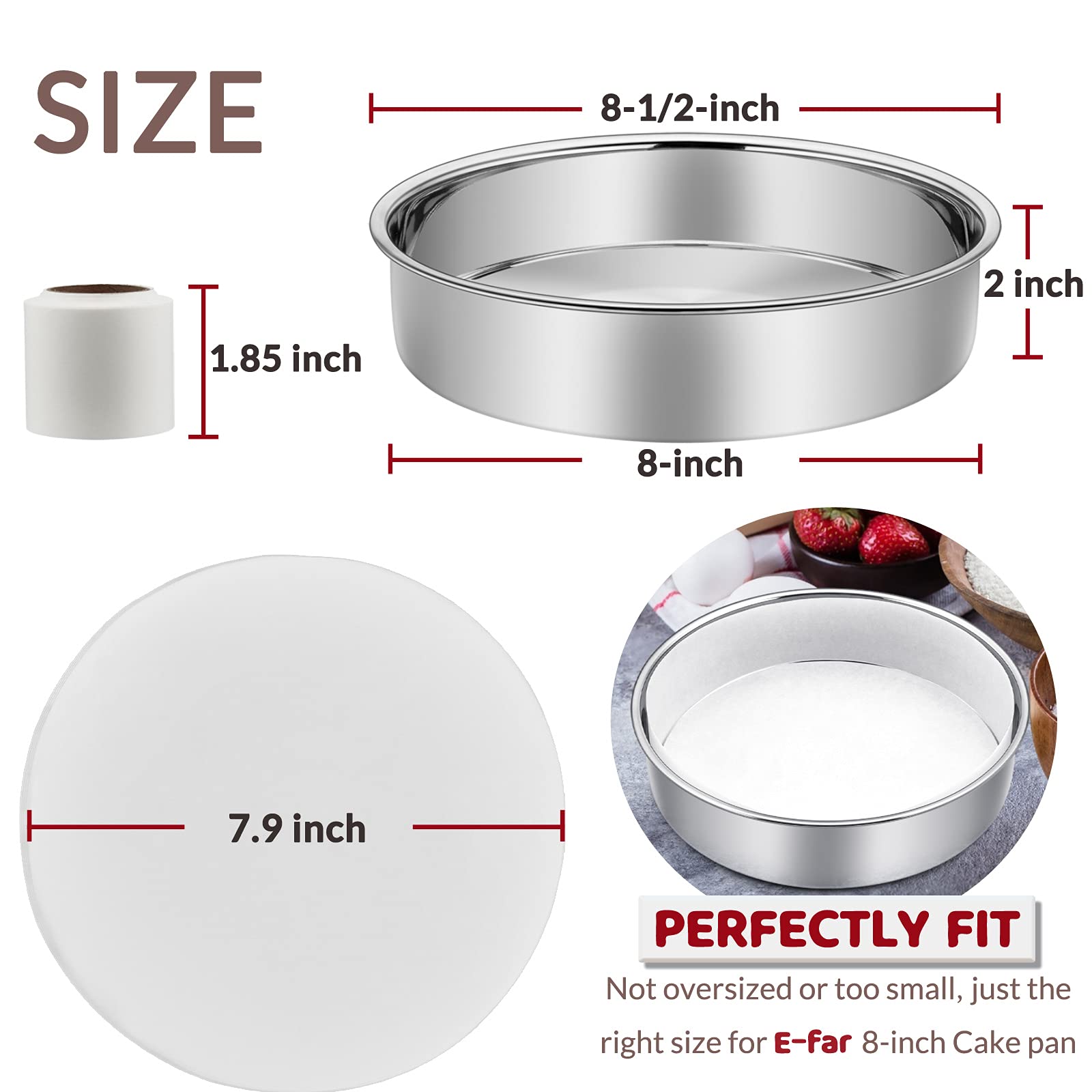 8 Inch Cake Pan Set Of 2, E-Far Stainless Steel Round Layer Cake Baking Pans With Parchment Rounds & Side Liner Roll, Non-Toxic