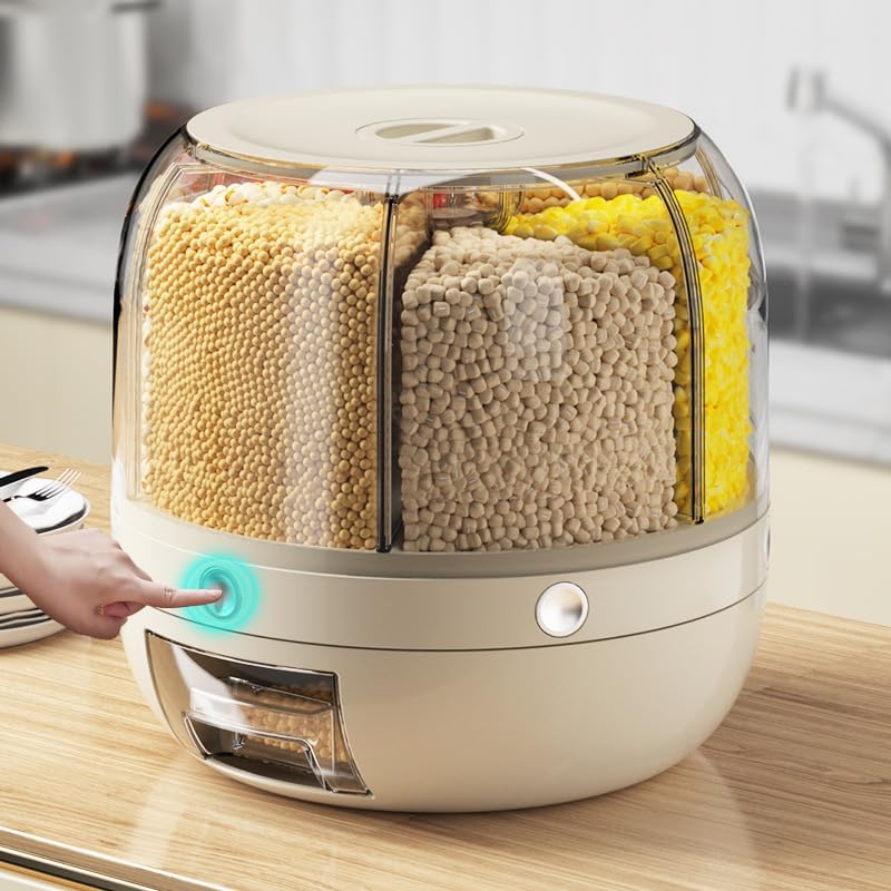 Yagviz 6Grid Rotating Food Dispenser  Rice Bucket Storage Tank, Cereal Dispenser, Stackable Containers, OneClick Rice Picking