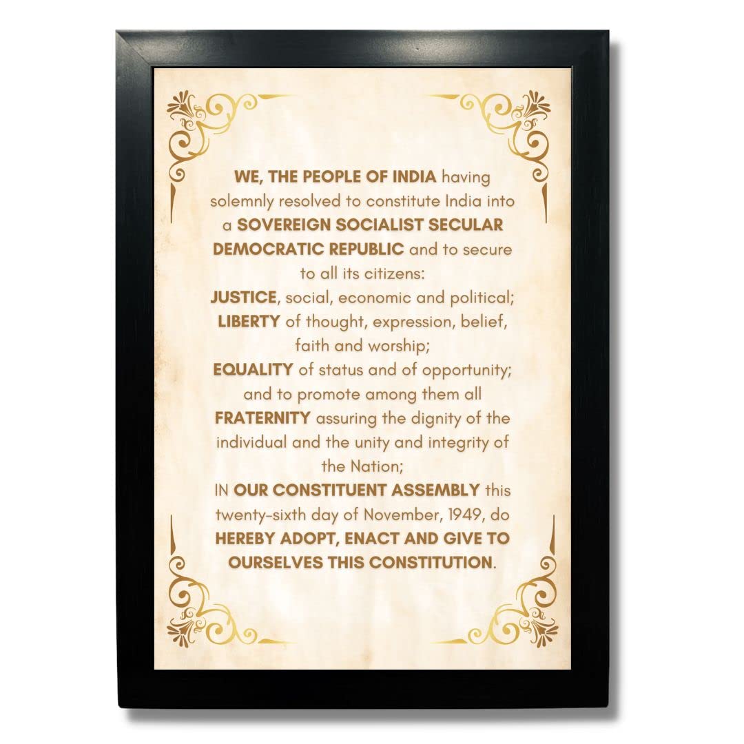 Kagaz Kala - Indian National Symbols - Patriotic Framed Paper Wall Poster- Multicolour, 13X10 Inches (Preamble Of Indian Constit