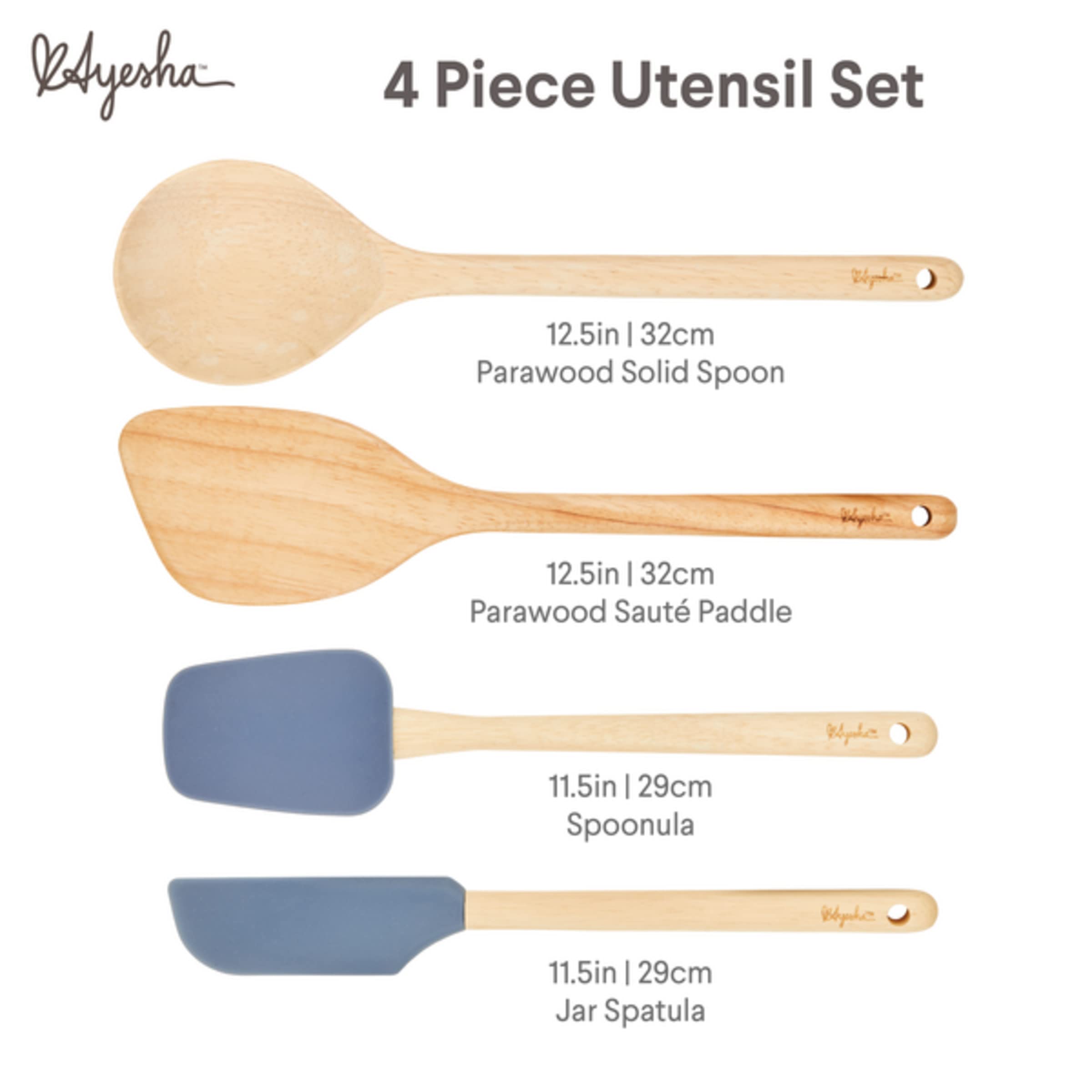 Ayesha Curry Tools And Gadgets Cooking/Kitchen Utensil Set-Includes Solid Spoon, Saute Paddle, Spoonula, Jar Spatula, 4 Piece, A