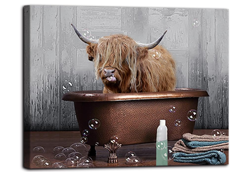 Highland Cow Wall Art Bathroom Decor Cow In Bathtub Canvas Print Longhorn Picture Farmhouse Wall Decor Stretched And Framed 16X2