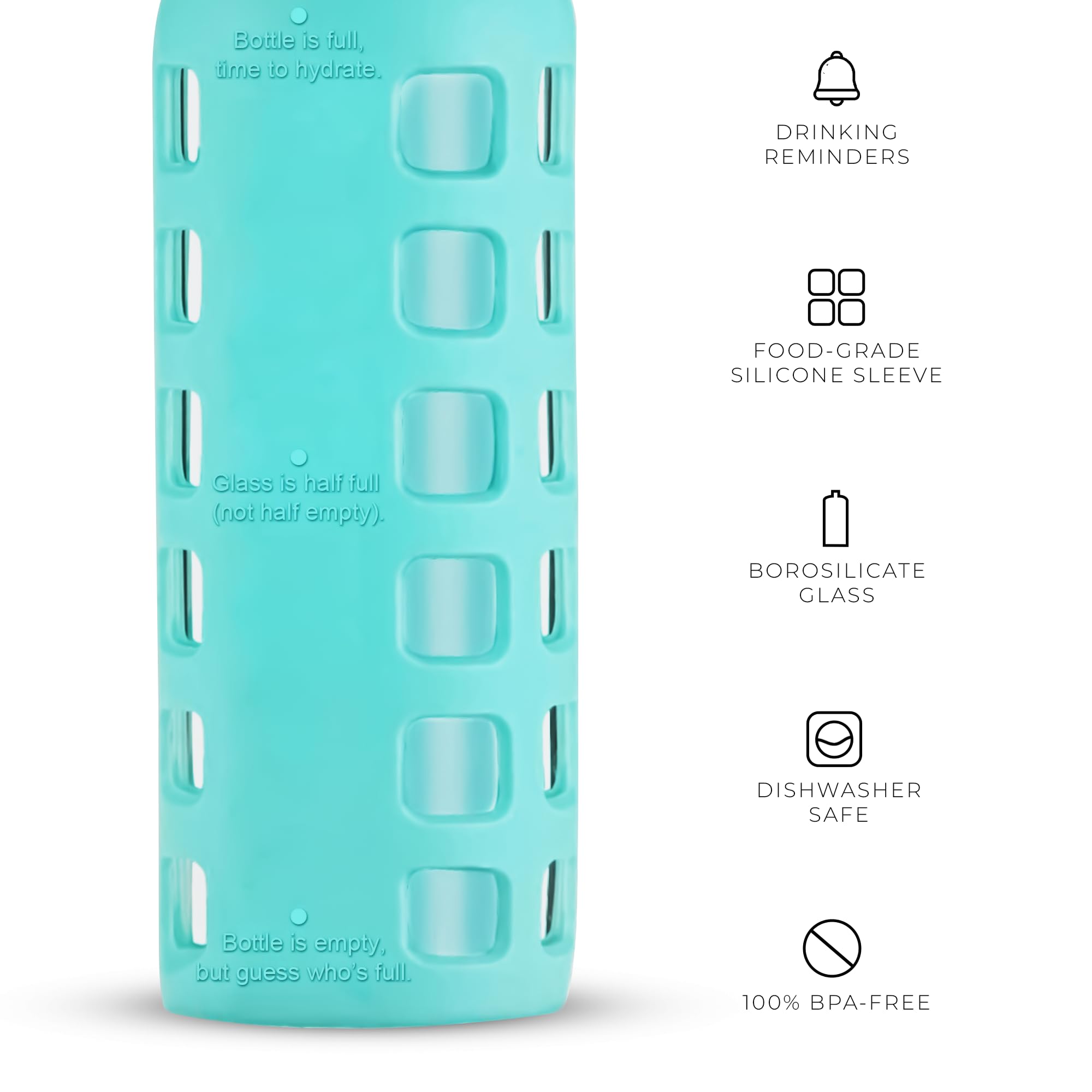 purifyou Premium 40/32 / 22/12 oz Glass Water Bottles with Volume & Times to Drink  Silicone Sleeve & Stainless Steel Lid Insert  Reusable Bottle for Fridge Water  Milk  Juice (12oz Aqua Blue)