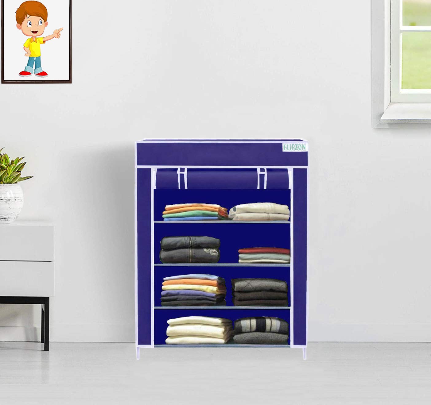 FLIPZON | 4 Shelves Baby Foldable Wardrobe | NonWoven Fabric Shelves | Blue