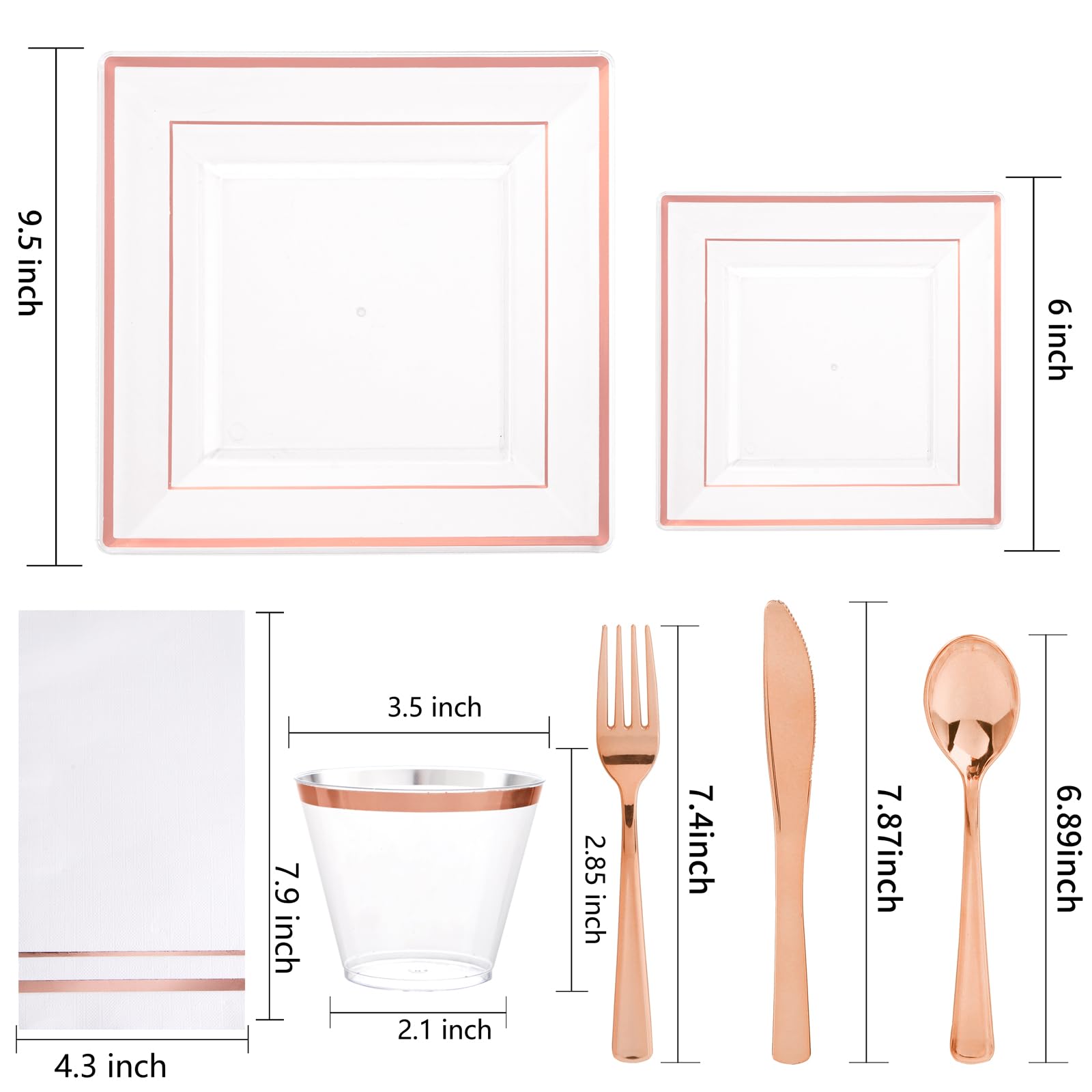 Festiva 350Pcs Rose Gold Plastic Plates - Clear Rose Gold Disposable Dinnerware Sets For 50Guests Include 100 Plates 50 Cups 50P