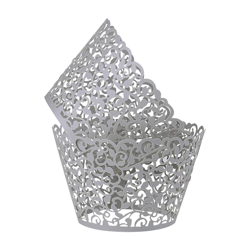 Benbilry 50 Pcs Cupcake Wrappers Artistic Bake Cake Paper Cups Laser Cut For Wedding Party Birthday Decoration (Grey)