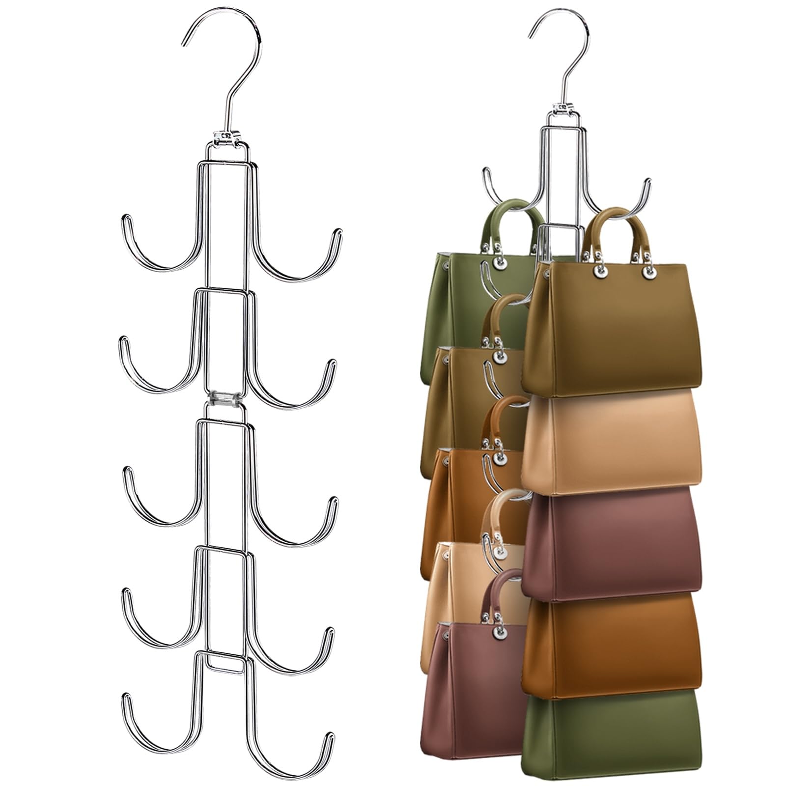 Purse Organizer For Closet, Upgraded Purse Hanger With 10 Big Hooks, 360 Degree Rotation For Better Organizer&Display, Collapsib