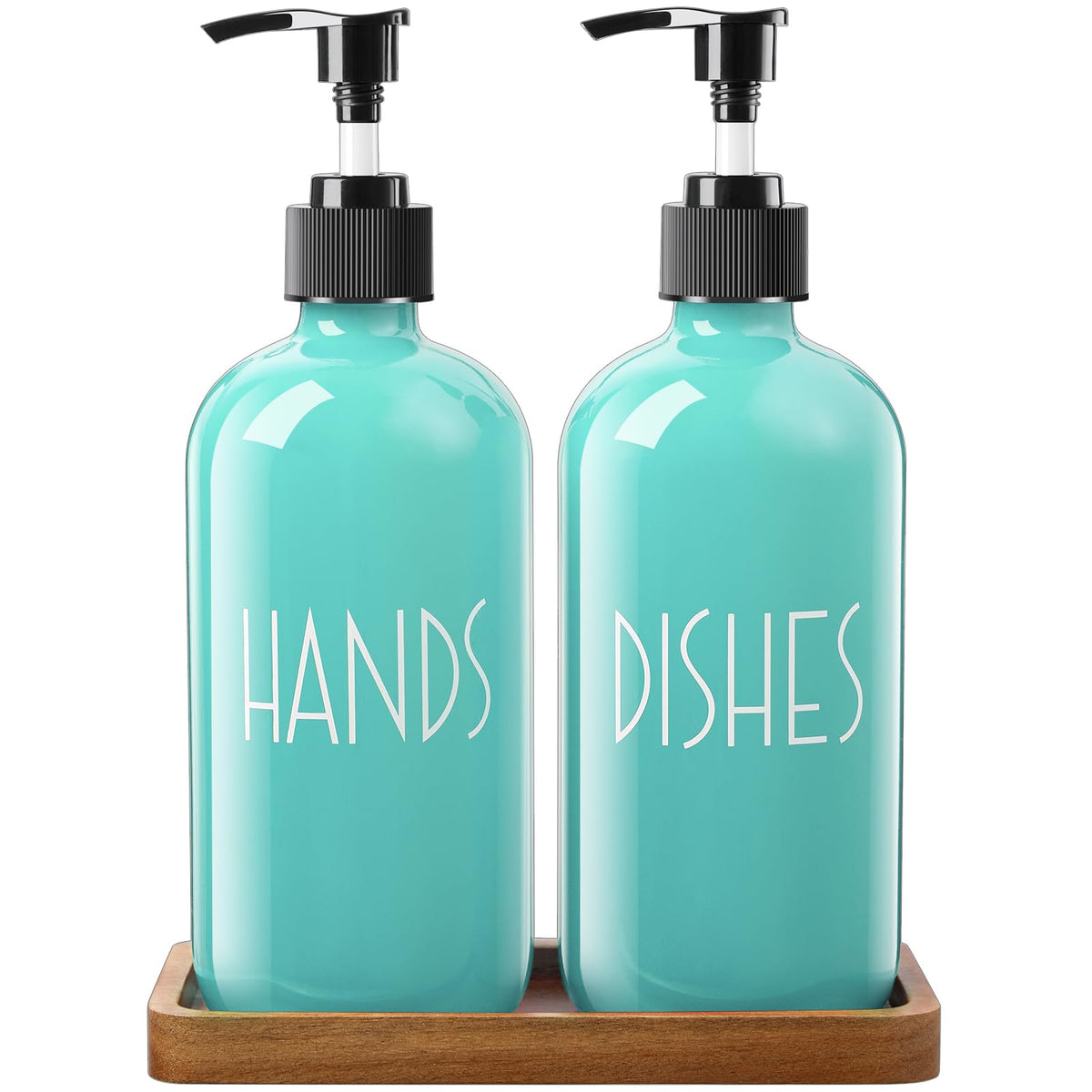 Alelion Turquoise Dish Soap Dispenser For Kitchen - 16 Oz Glass Hand Soap Dispenser Set With Pump And Acacia Wood Tray - Turquoi
