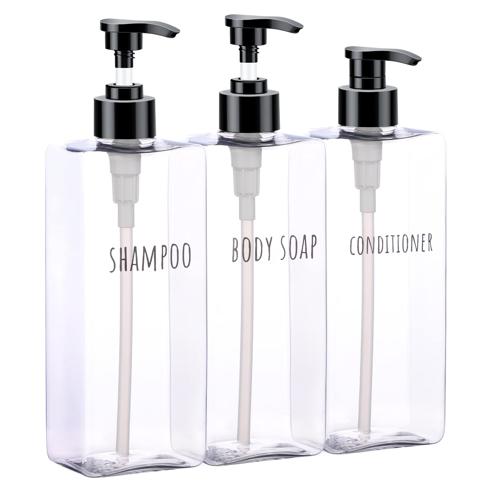 Segbeauty Clear Square Shampoo Bottles, 3Pcs 16.9Oz Refillable Plastic Lotion Dispenser With Pump, 500Ml Empty Reusable Bathroom