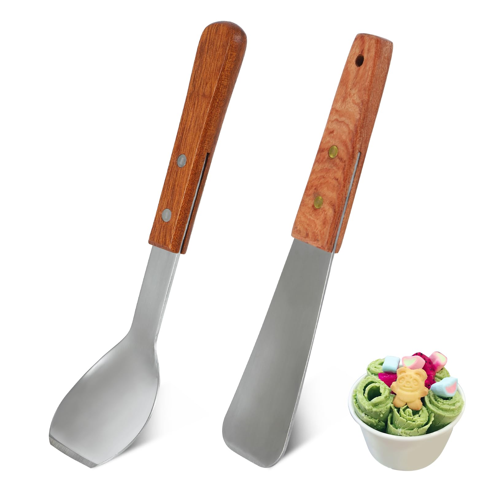 2 Pieces Ice Cream Scoop with Wooden Handle, Stainless Steel Dessert Spade & Butter Cutter, Essential Kitchen Tool - Perfect Fla