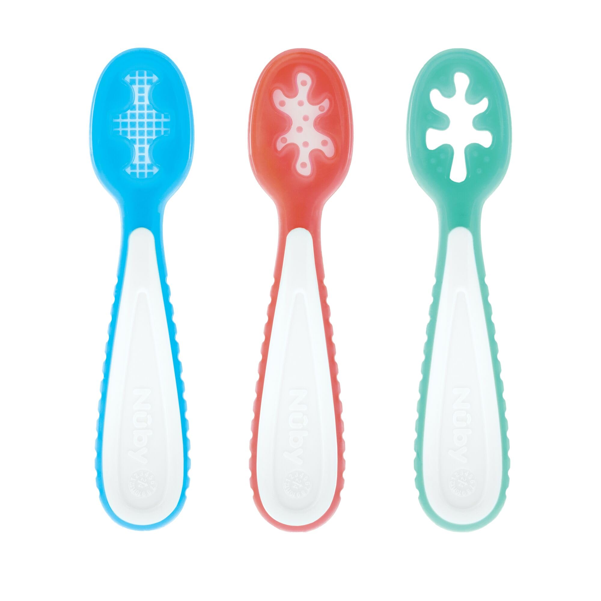 Nuby Babys First Spoons Set - (3-Pack) Feeding Utensils for Babies - 6+ Months - Blue/Red/Aqua