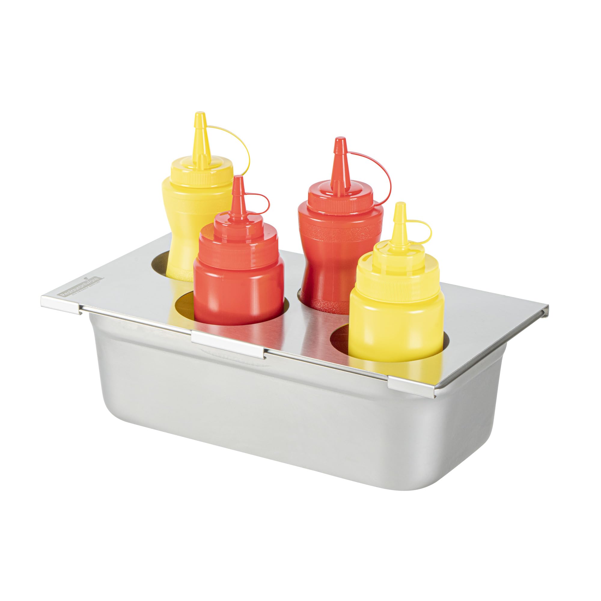 Restaurantware Squeeze Bottle Organizer Top 1 Count 12.79 x 7.09 x 0.39 Inches Stainless Steel Bottle Holder - Four Hole Condime