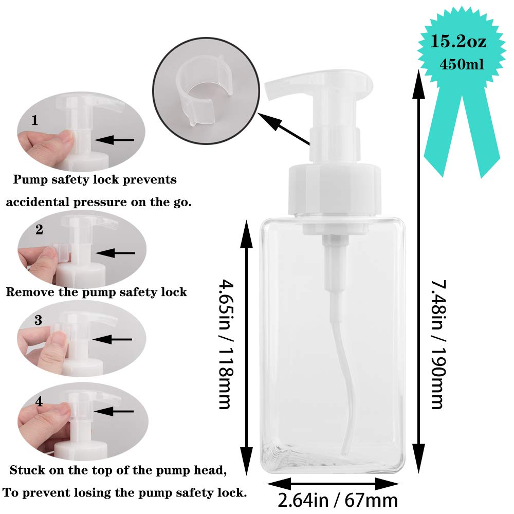 2 Pack Foaming Soap Dispenser 15oz Refillable Foam Liquid Hand Soap Empty Plastic Pump Bottle Container for Bathroom Vanities  Kitchen Sink  Hospital  Clinic  Clear 450ml