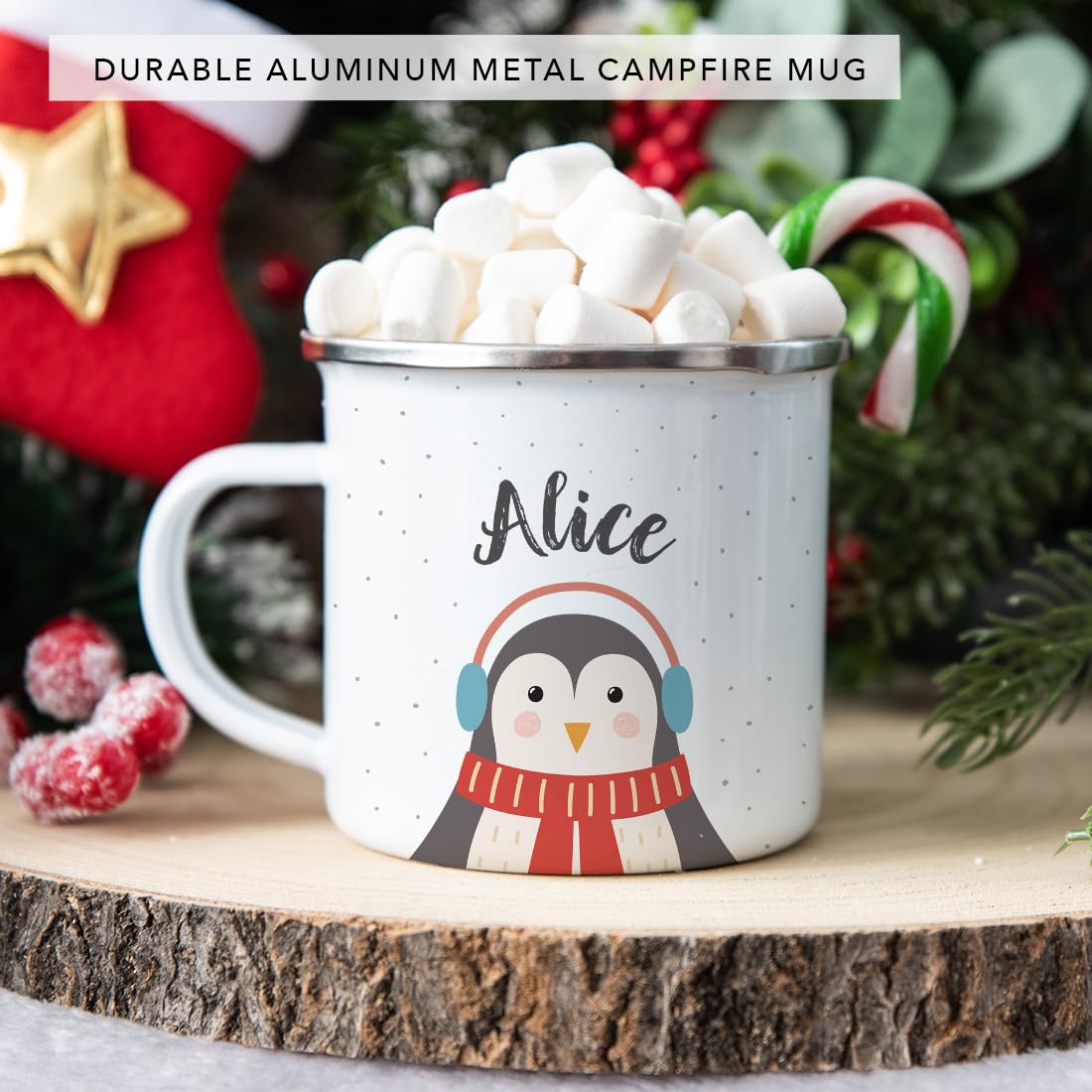 Andaz Press Personalized 11Oz. Christmas Hot Chocolate Stainless Steel Campfire Coffee Mug Gift, Penguin, 1-Pack, Custom Name En