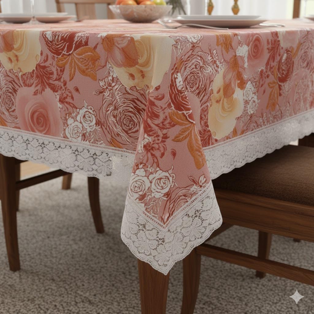 CASANEST Waterproof 46 Seater Dinning Table Cover with White Lace (54 W X 78 L inches) printed002(PVC, Rectangular, Pack of 1)