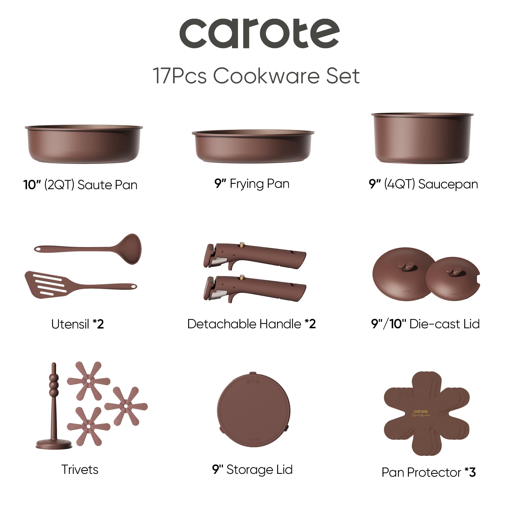 CAROTE 17pcs Pots and Pans Set Non Stick, Gift Set Nonstick Cookware Die-cast Aluminum Detachable Handle, Dishwasher/Oven Safe,