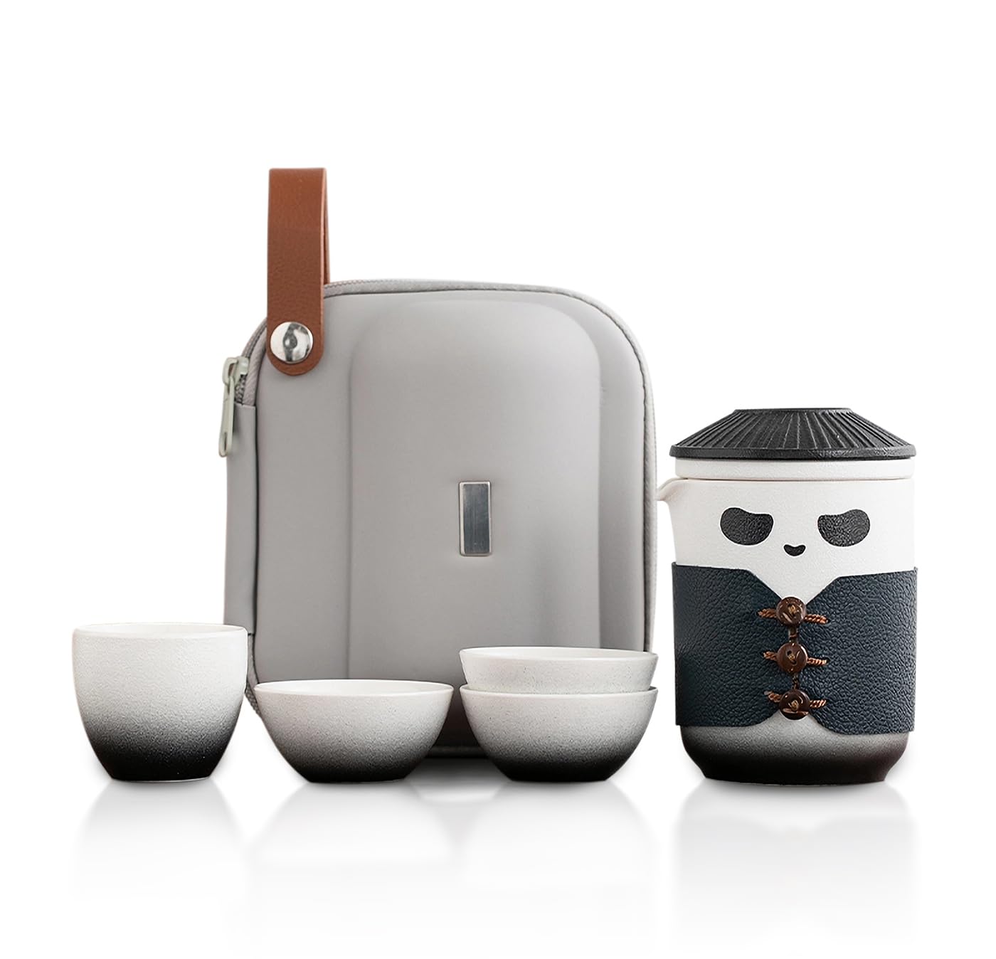 Tuchaca Travel Tea Set, Cute Panda Tea Cup With Portable Bag, 13Oz Chinese Ceramic Gongfu Teapot With 4 Ceramic Teacups, With Te