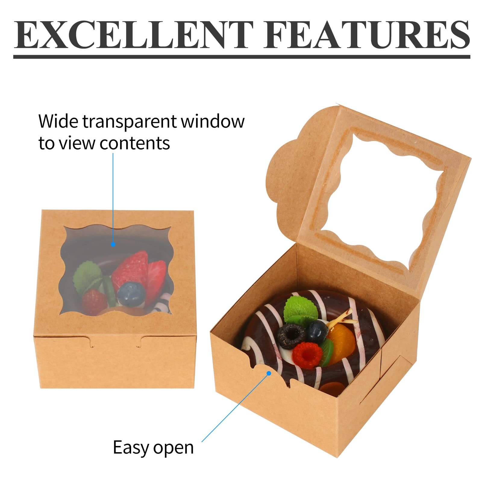 Kposiya 60 Pcs Brown Bakery Boxes With Window Individual Cupcake Boxes 4X4X2.5 Inches Cookie Boxes Kraft Paper Brown Gift Box Fo