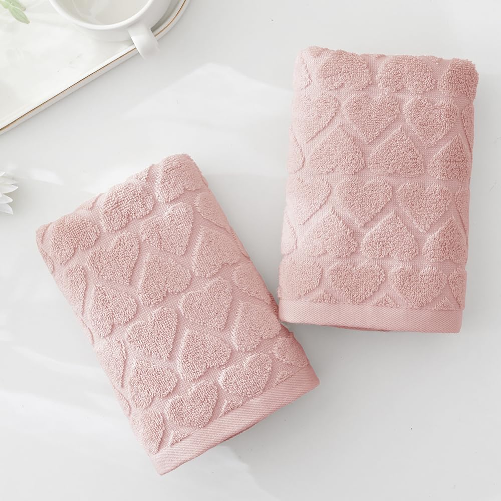 Yiluomo Full Embossed Hearts Pattern Pink Hand Towel Set Of 2 100% Cotton Super Soft Highly Absorbent Decorative Hand Towels For