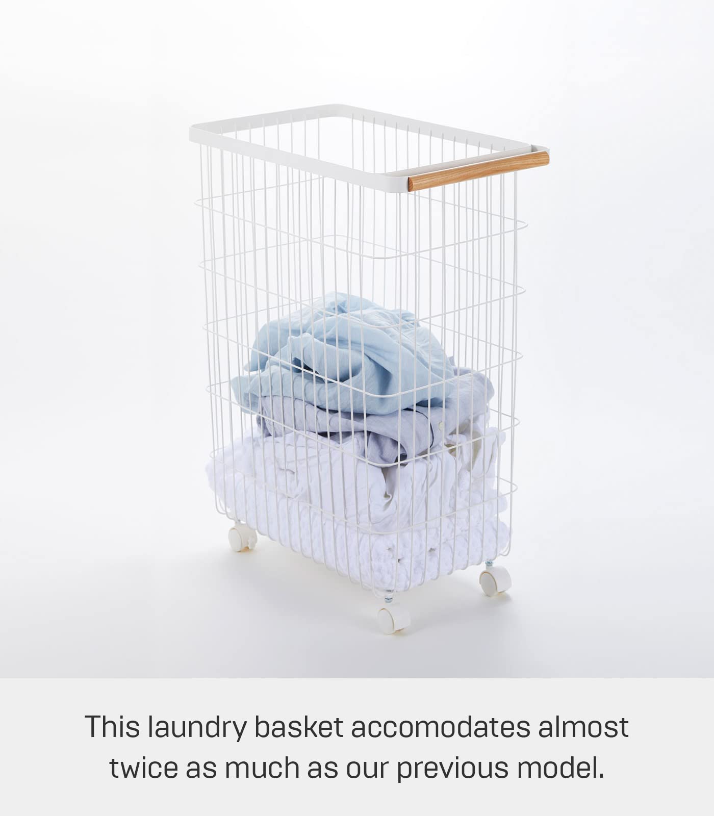 Yamazaki Home Wire Slim Saving Rolling Wheeled Clothing Hamper | Steel + Wood | Laundry Basket, One Size, White