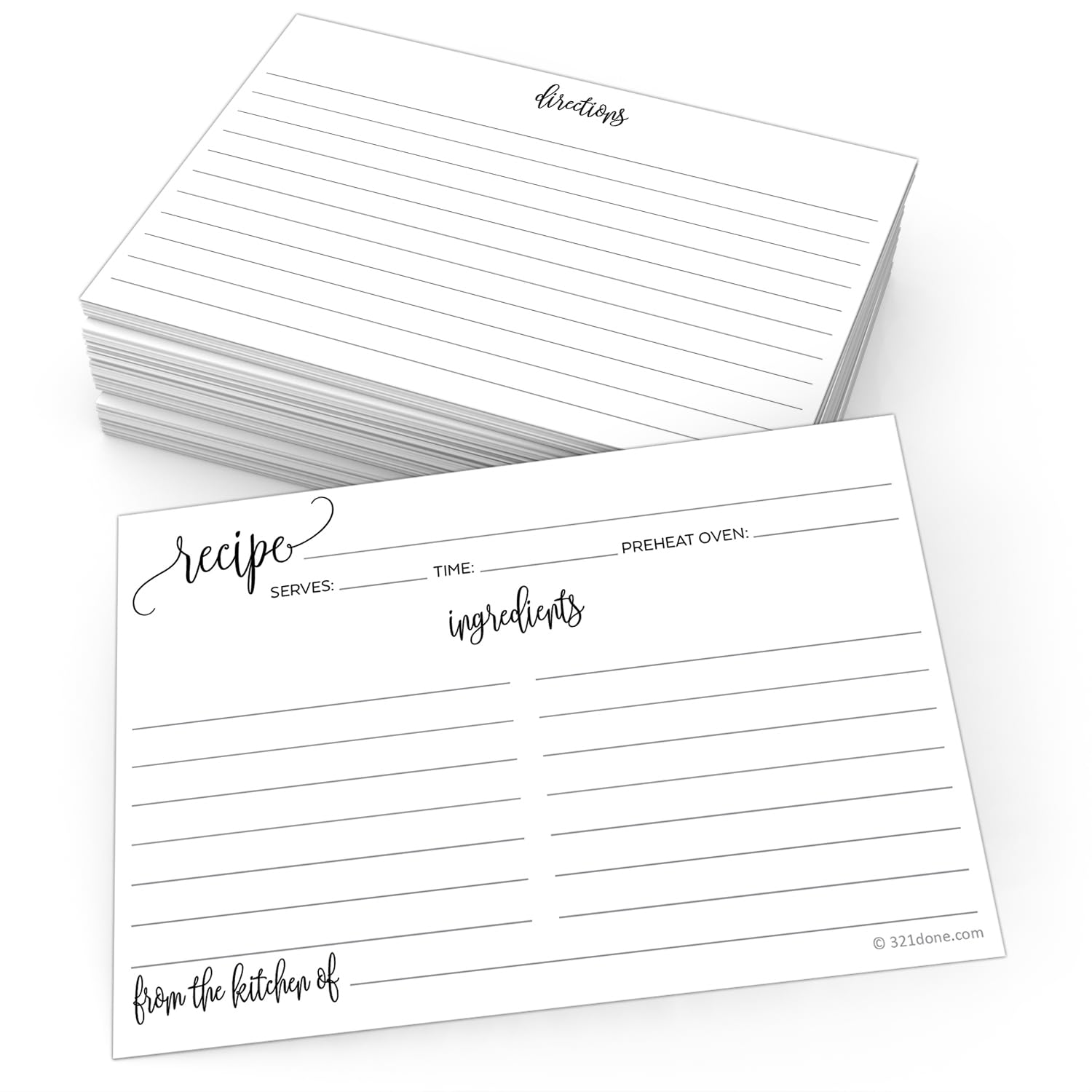 321Done Recipe Cards with From the Kitchen Of (Set of 50) 4x6 - Black and White Modern Minimalist  Large Double-Sided for Weddings  Bridal Shower - Made in USA
