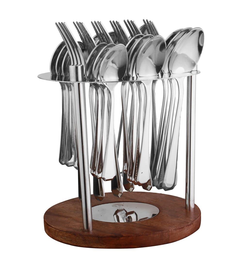 Daisy Stainless Steel Cutlery 24 Pcs Set With Ss And Wooden Stand Silver (Round) | Or | Ramya Masala Box/Spice Box/Storage/Orga