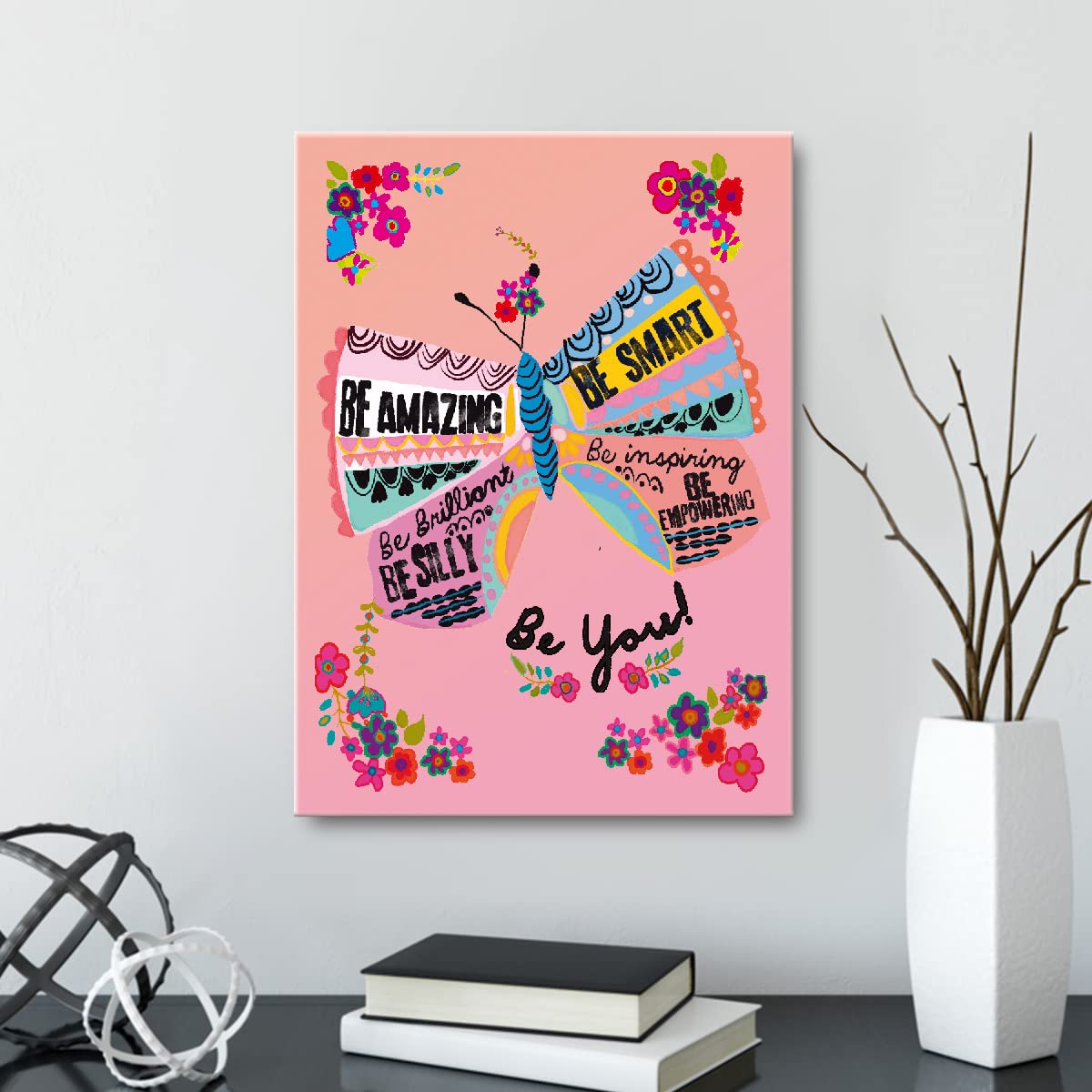 Otingqd Pink Girls Wall Art,Positive Affirmations Wall Decor For Girls,Butterfly Nursery Wall Art,Be Amazing Be You Pink Butterf
