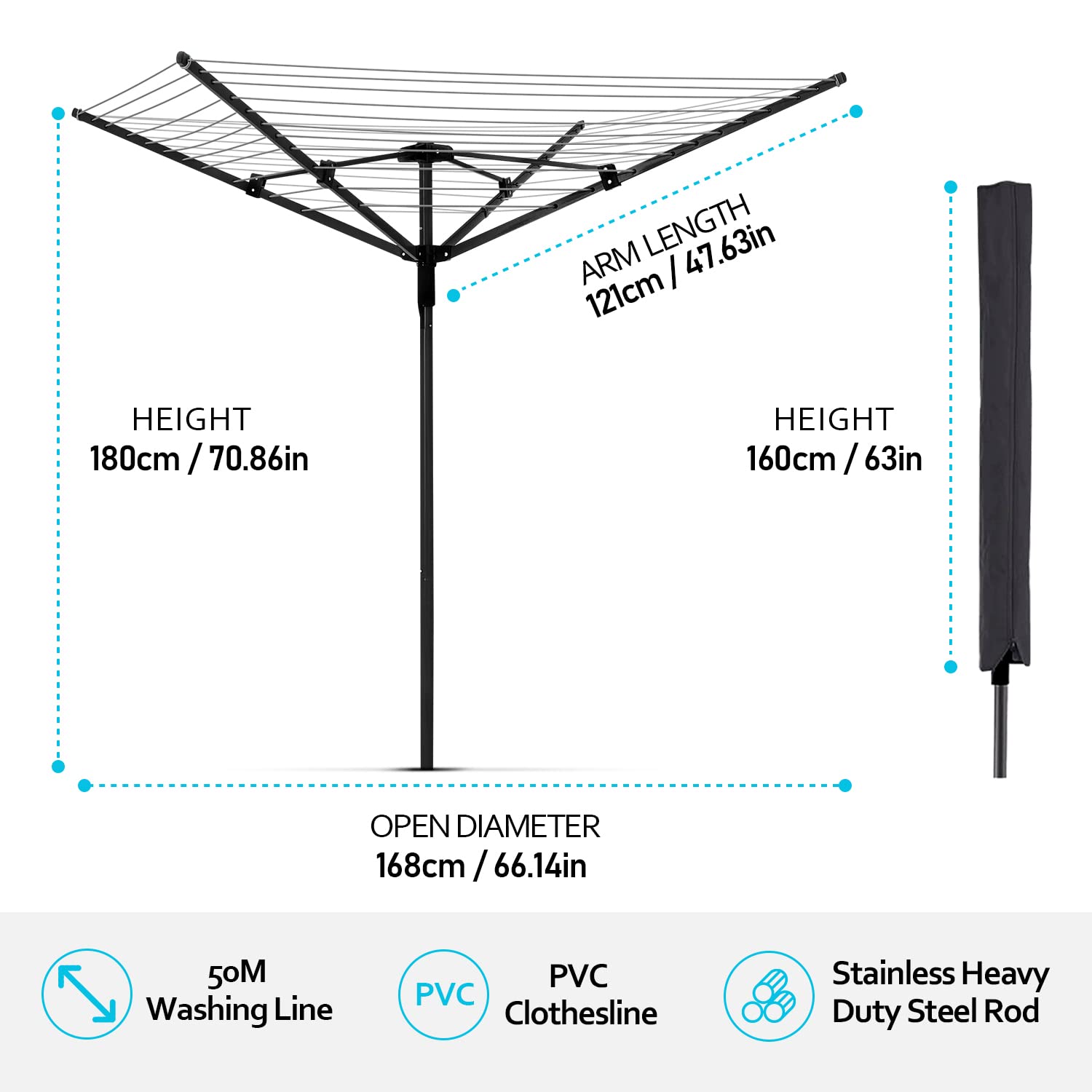 Nisorpa Rotary Outdoor Umbrella Drying Rack Adjustable Height Clothesline W/Waterproof Protective Cover Folding Rotary Dryer Wit