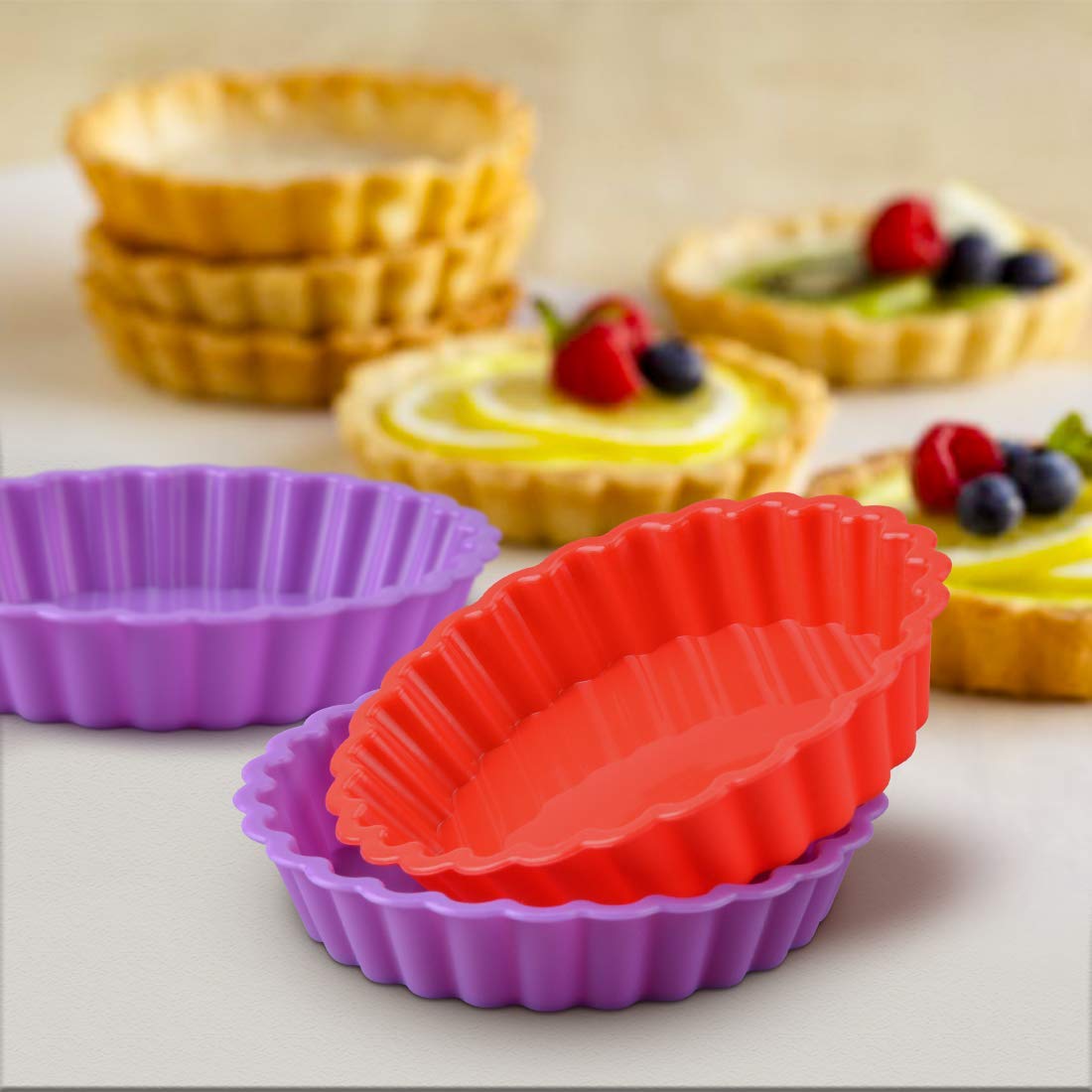 Funbaky Silicone Quiche Pan, Mini Pie Pan Non-Stick Round Silicone Baking Molds 10 Packs