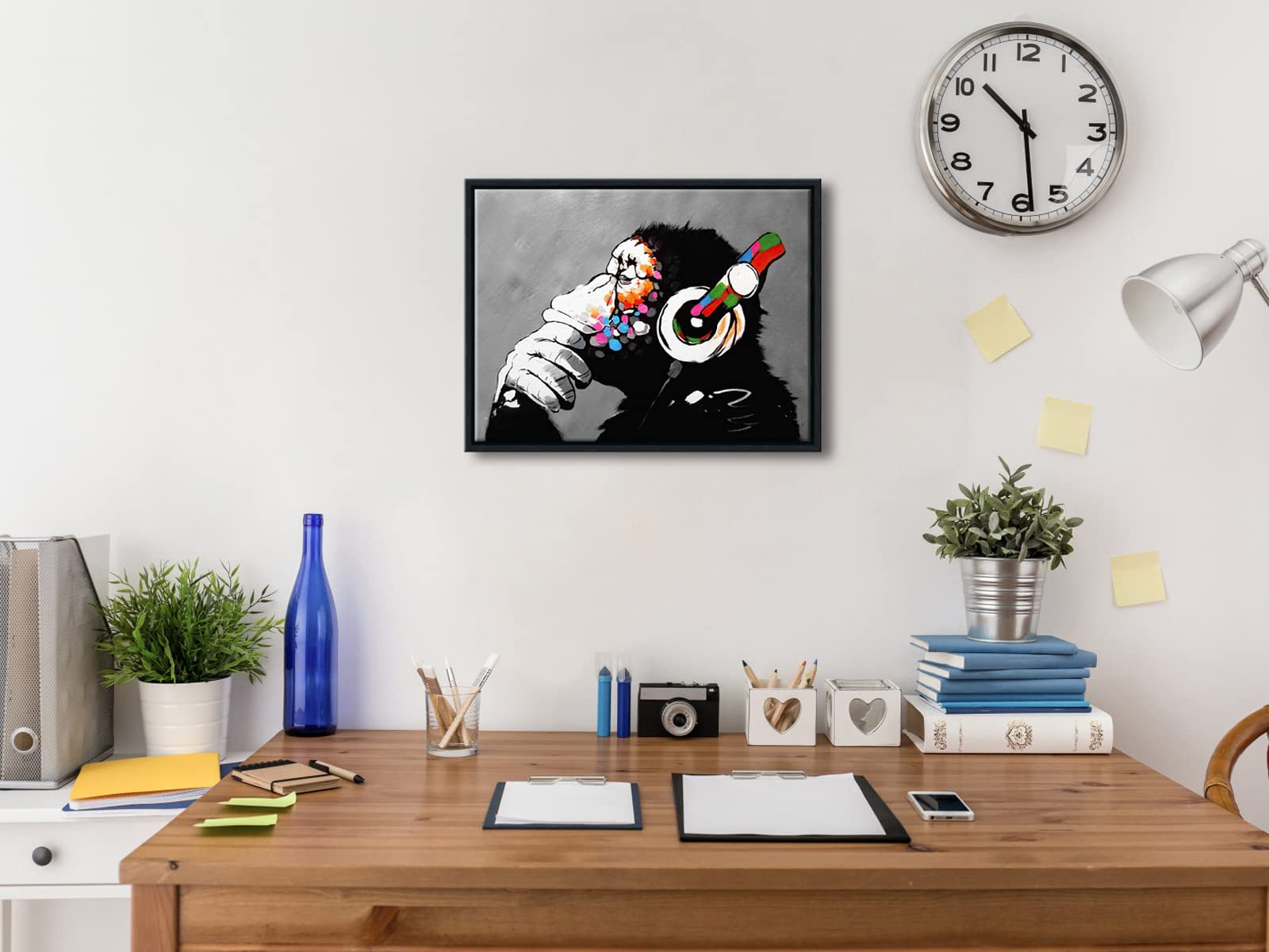 Wieco Art Black Framed Monkey With Headphones Banksy Graffiti Art Abstract Canvas Paintings Prints Animal Canvas Wall Art For Wa
